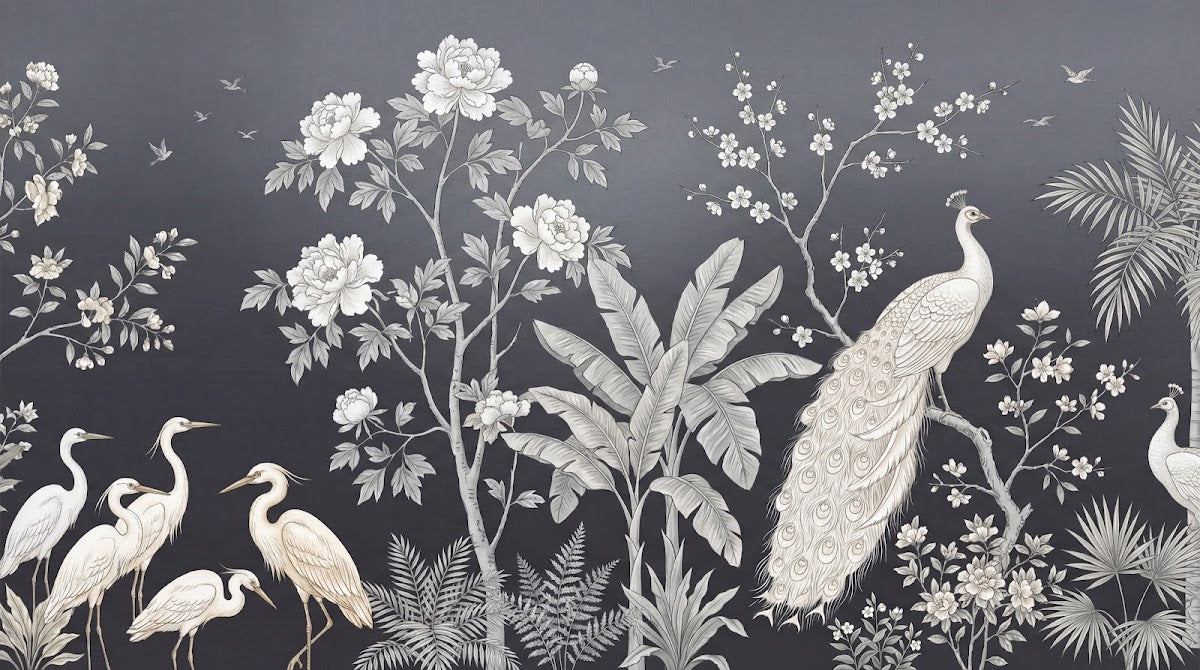 Papier peint panoramique paon - Hérons grues oiseaux tropicaux fleurs cerisier fond gris anthracite sur mesure - Design