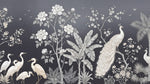 Papier peint panoramique paon - Hérons grues oiseaux tropicaux fleurs cerisier fond gris anthracite sur mesure - Design