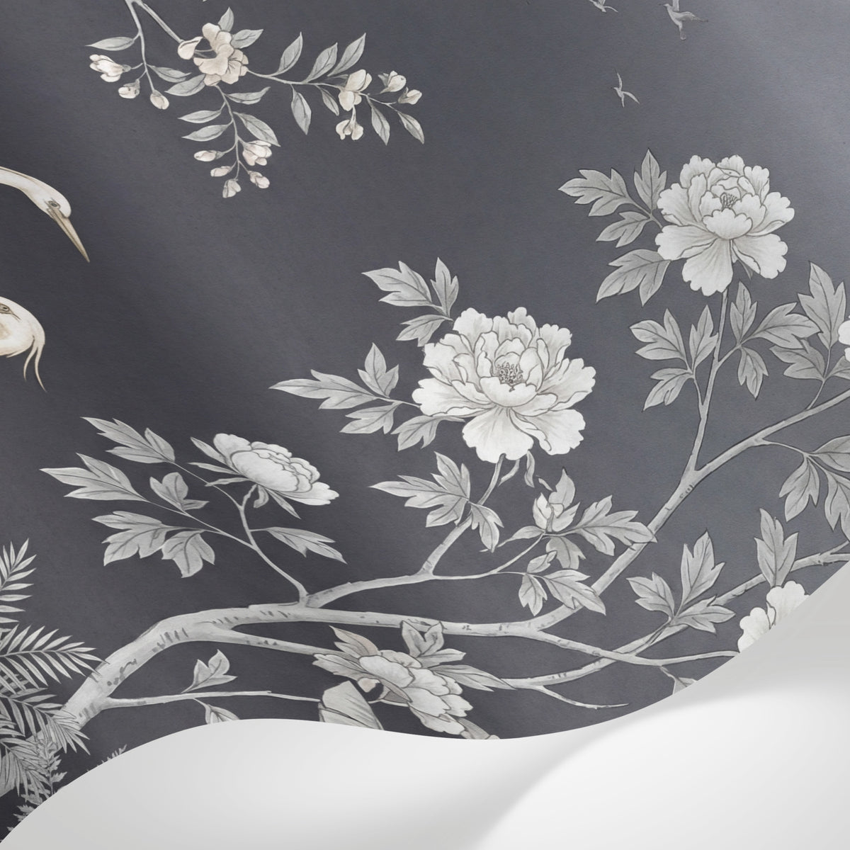Papier peint panoramique paon - Hérons grues oiseaux tropicaux fleurs cerisier fond gris anthracite sur mesure - Matière