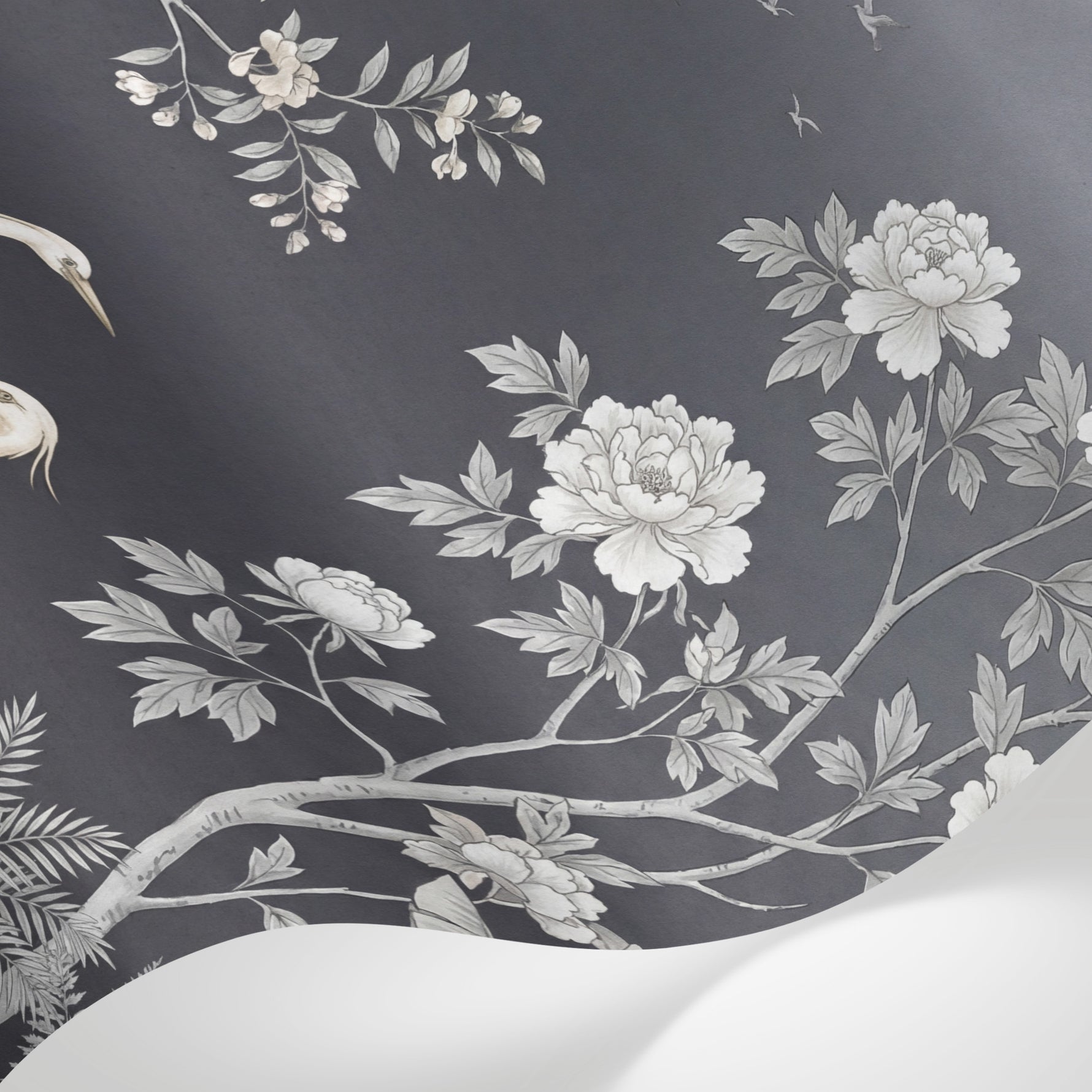 Papier peint panoramique paon - Hérons grues oiseaux tropicaux fleurs cerisier fond gris anthracite sur mesure - Matière