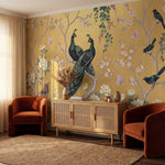 papier peint panoramique paon paons majestueux branches fleuries fond dore et ac-VARIANTE-9