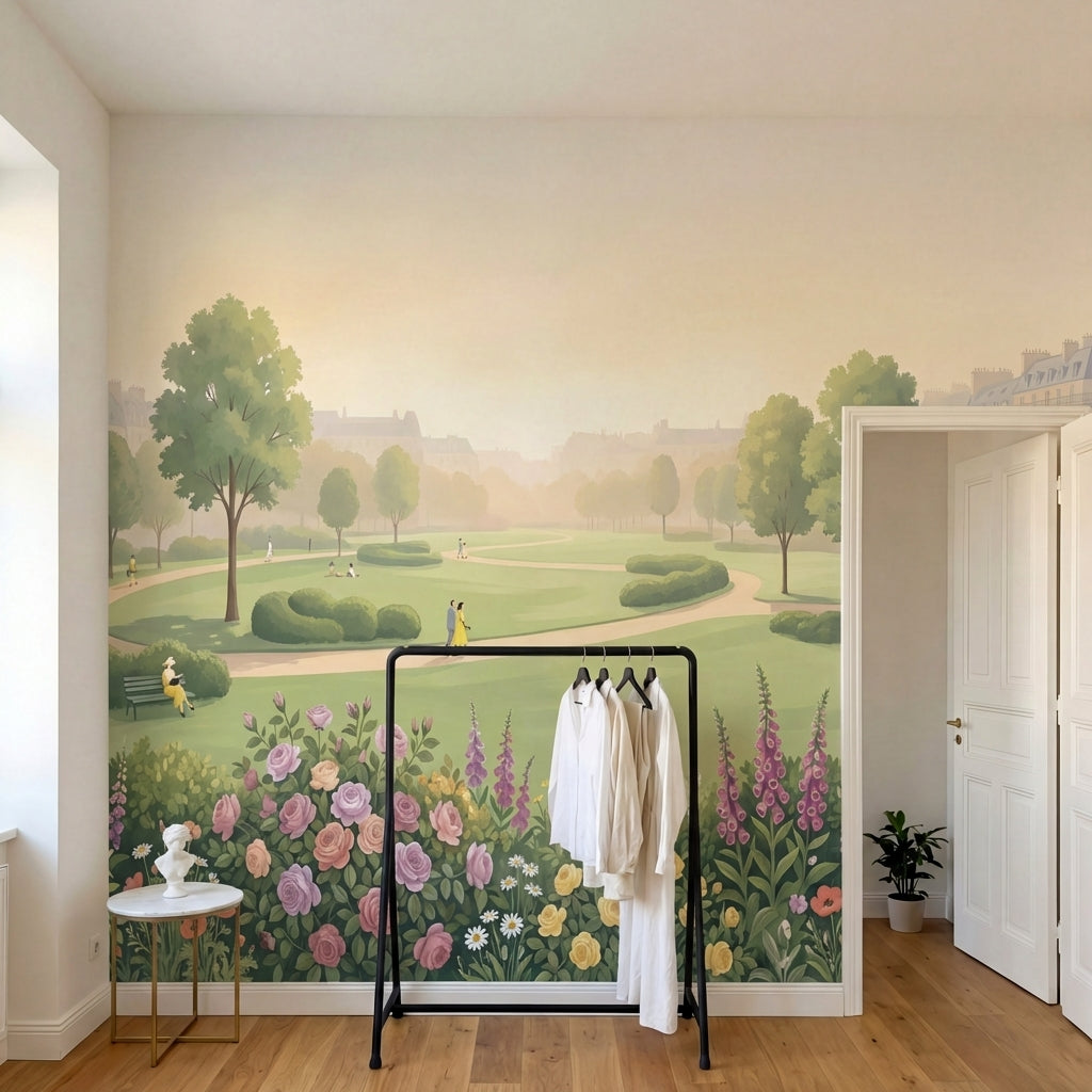 papier peint panoramique parc parisien haussmannien fleurs roses hydrangeas tons-1