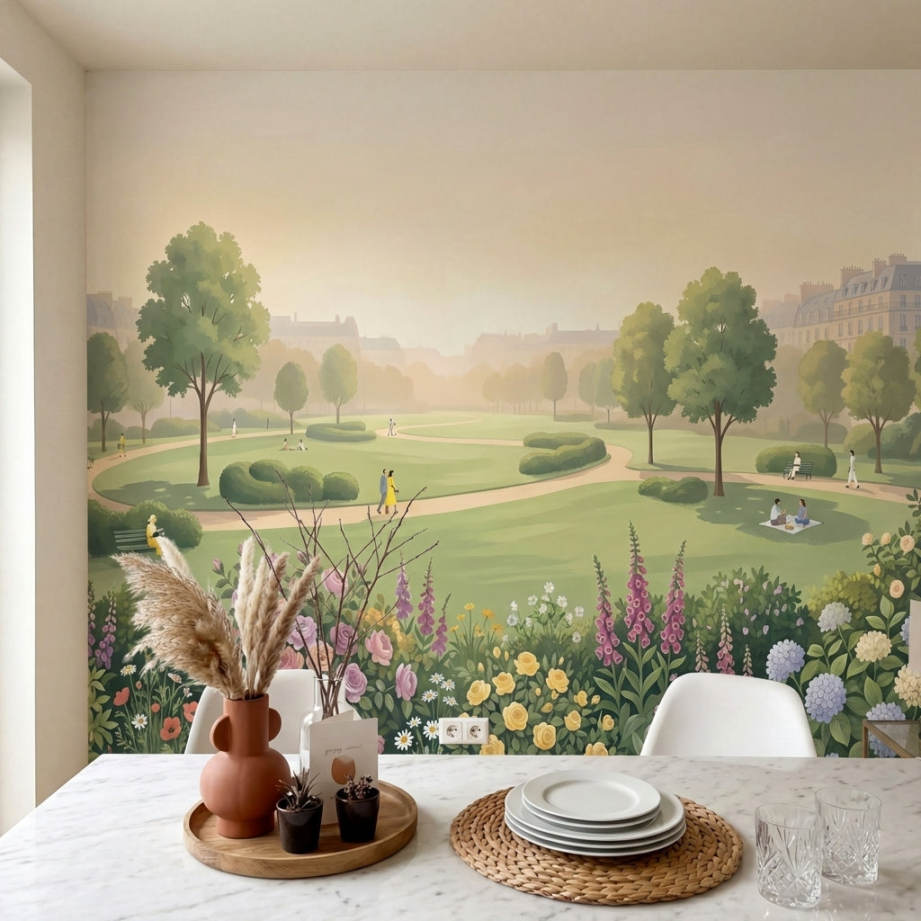 papier peint panoramique parc parisien haussmannien fleurs roses hydrangeas tons-6