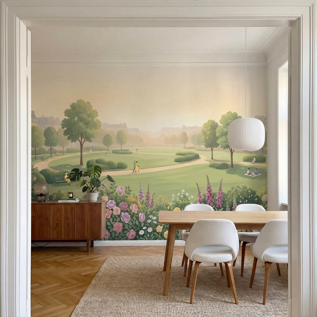 papier peint panoramique parc parisien haussmannien fleurs roses hydrangeas tons-7