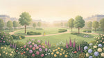 Papier peint panoramique - Parc parisien haussmannien fleurs roses hydrangeas tons vert sauge et beige sur mesure - Design