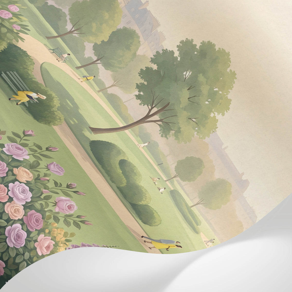 Papier peint panoramique - Parc parisien haussmannien fleurs roses hydrangeas tons vert sauge et beige sur mesure - Matière