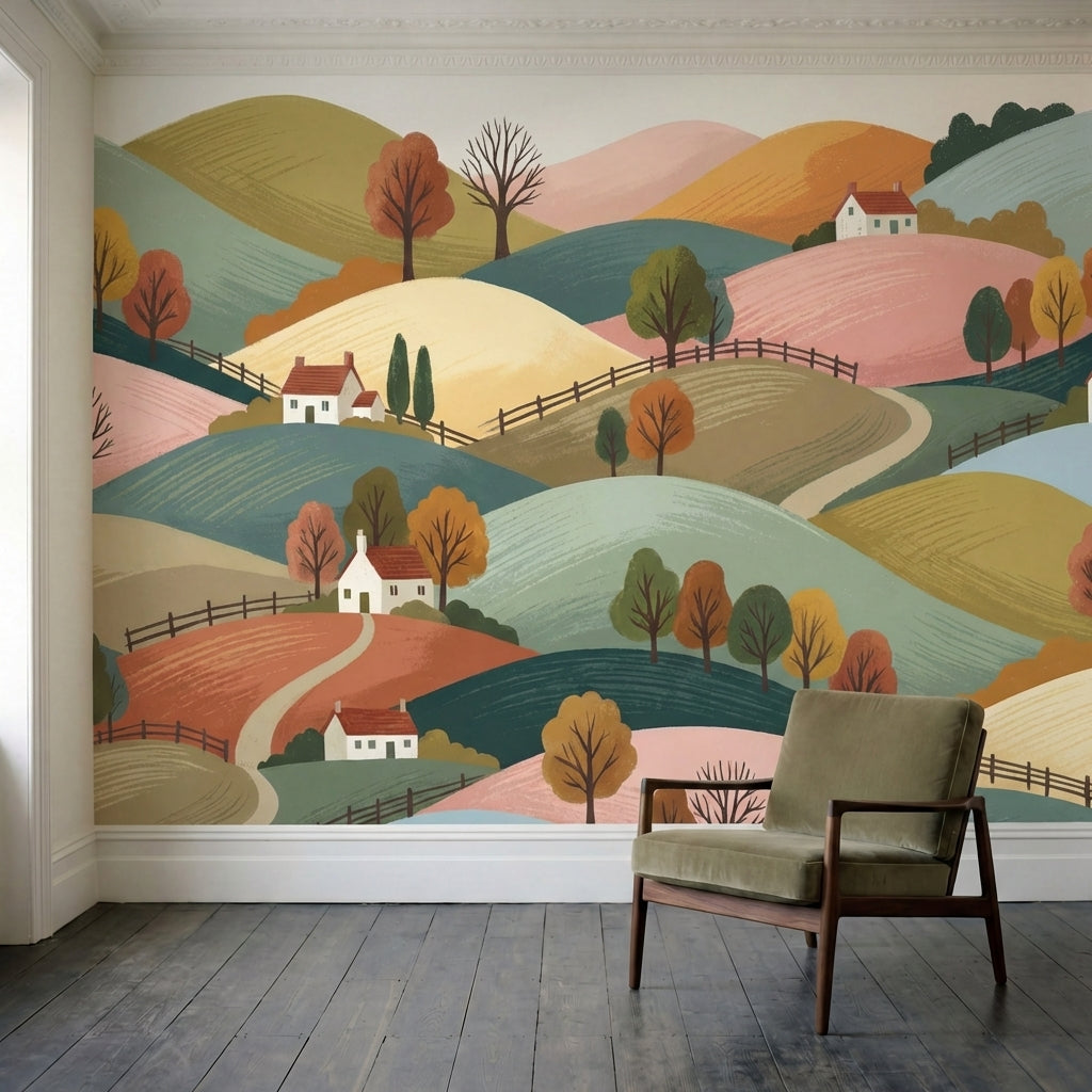 papier peint panoramique paysage collines vallonnees maisons blanches arbres aut-1