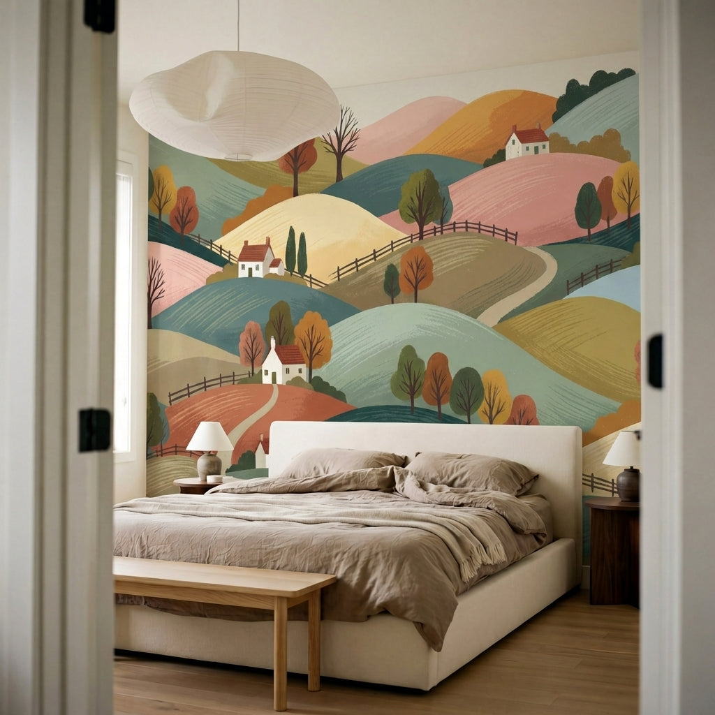papier peint panoramique paysage collines vallonnees maisons blanches arbres aut-6