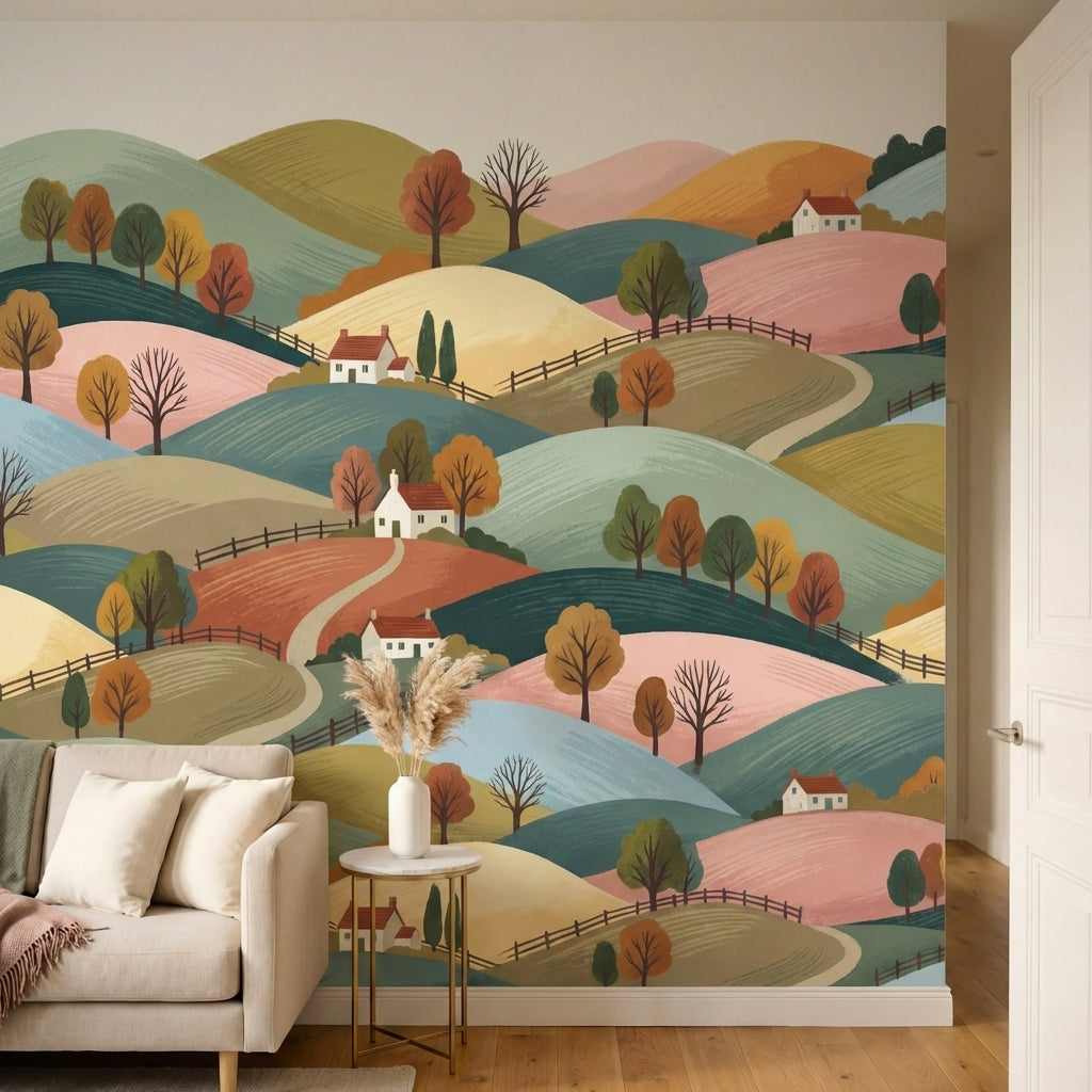 papier peint panoramique paysage collines vallonnees maisons blanches arbres aut-HERO-7