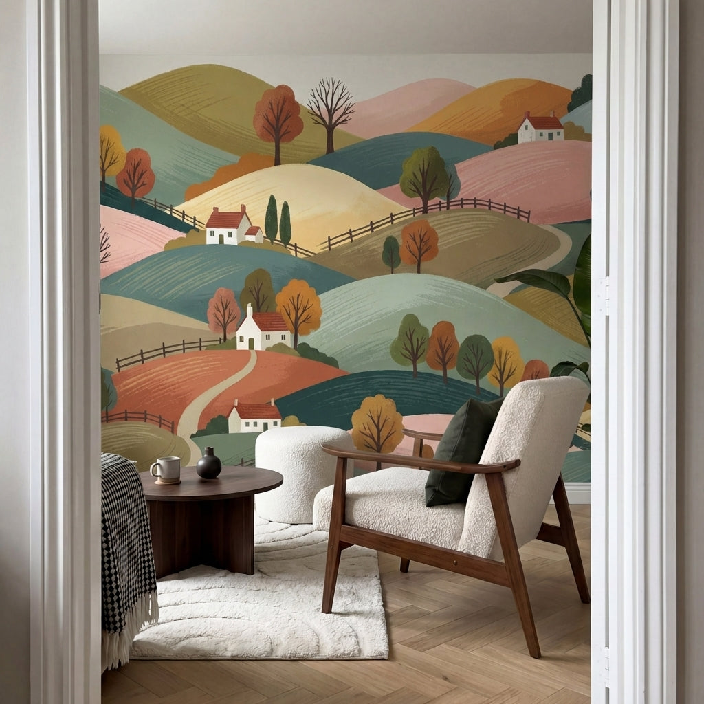 papier peint panoramique paysage collines vallonnees maisons blanches arbres aut-VARIANTE-10