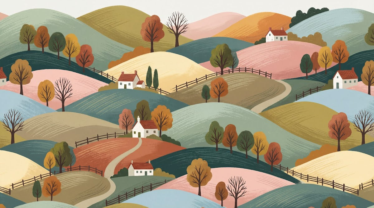 Papier peint panoramique paysage - Collines vallonnées maisons blanches arbres automne fond rose poudré et vert sur mesure - Design