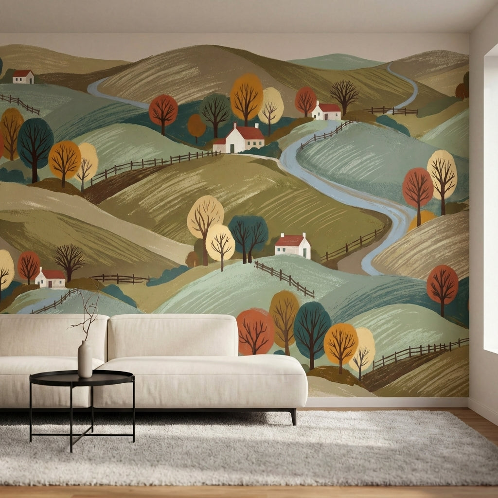 papier peint panoramique paysage collines vallonnees maisons fermes arbres autom-1