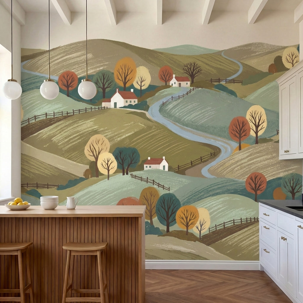 papier peint panoramique paysage collines vallonnees maisons fermes arbres autom-2
