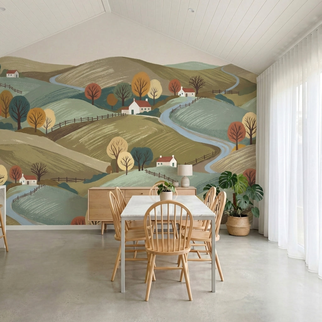 papier peint panoramique paysage collines vallonnees maisons fermes arbres autom-8