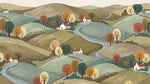 Papier peint panoramique paysage - Collines vallonnées maisons fermes arbres automne fond vert olive et beige sur mesure - Design