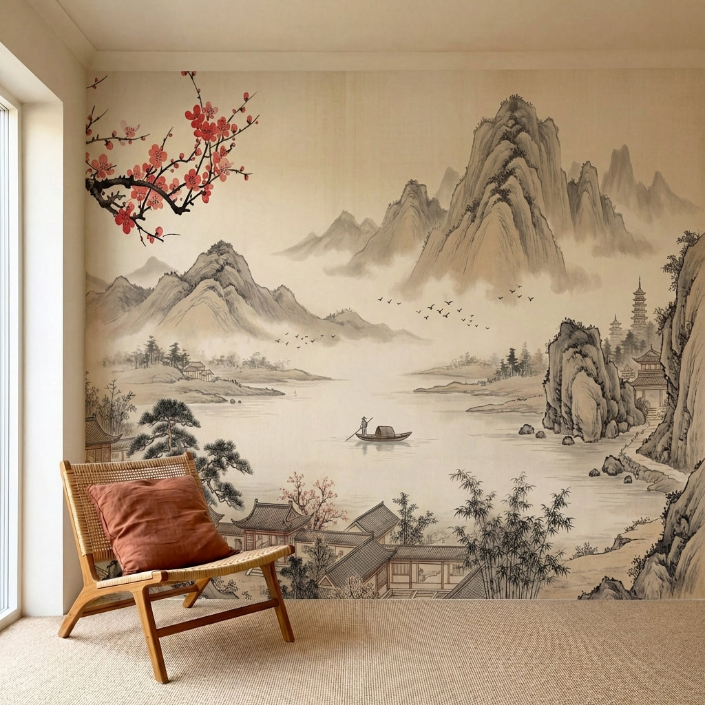 papier peint panoramique paysage japonais montagnes brumeuses pagodes cerisier f-HERO-10