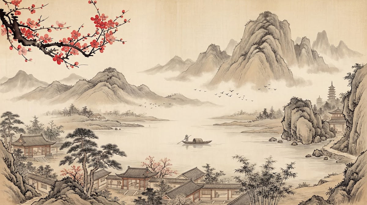 Papier peint panoramique paysage japonais - Montagnes brumeuses pagodes cerisier fleurs rouges fond beige crème sur mesure - Design