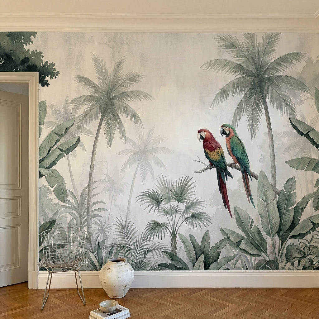 papier peint panoramique perroquet couple aras rouges verts jungle tropicale pal-1