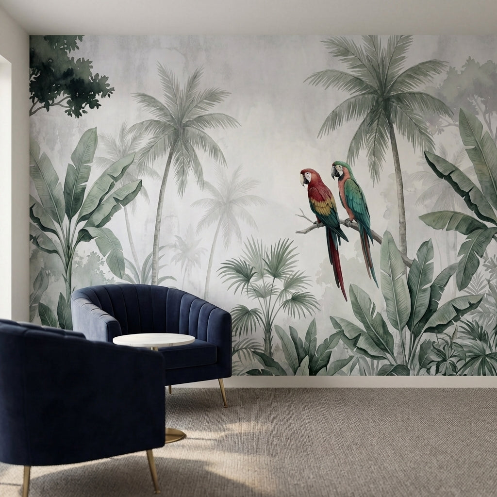 papier peint panoramique perroquet couple aras rouges verts jungle tropicale pal-1