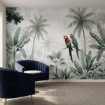 papier peint panoramique perroquet couple aras rouges verts jungle tropicale pal-1
