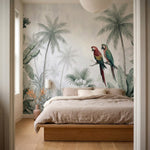 papier peint panoramique perroquet couple aras rouges verts jungle tropicale pal-6