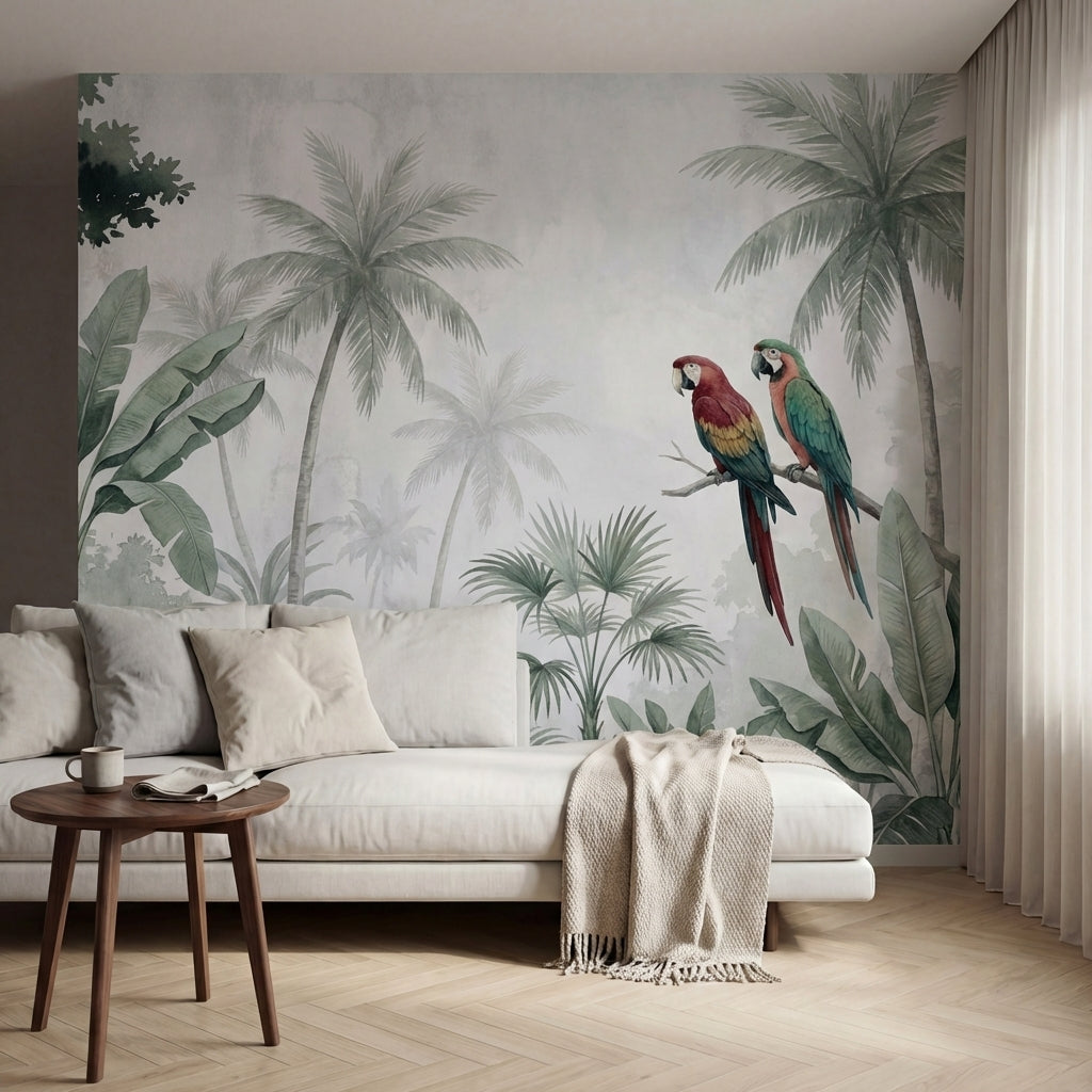 papier peint panoramique perroquet couple aras rouges verts jungle tropicale pal-6