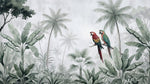 Papier peint panoramique perroquet - Couple aras rouges verts jungle tropicale palmiers fond gris brumeux sur mesure - Design