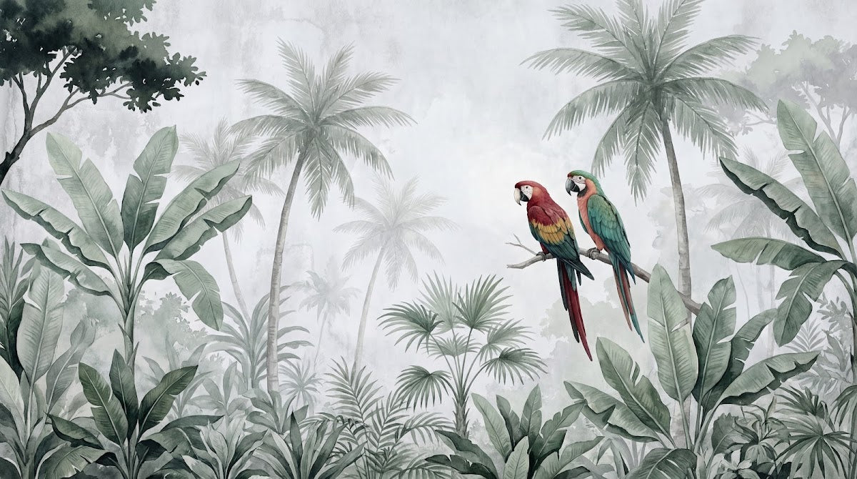 Papier peint panoramique perroquet - Couple aras rouges verts jungle tropicale palmiers fond gris brumeux sur mesure - Design