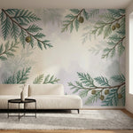 papier peint panoramique pin branches coniferes pommes superposees tons vert sau-1