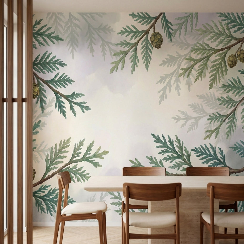 papier peint panoramique pin branches coniferes pommes superposees tons vert sau-2