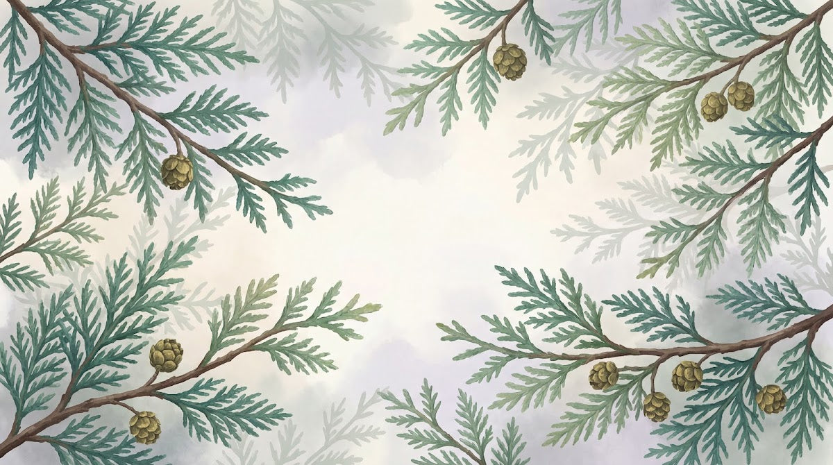 Papier peint panoramique pin - Branches conifères pommes superposées tons vert sauge et beige crème sur mesure - Design
