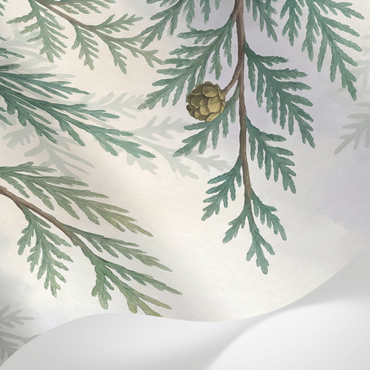 Papier peint panoramique pin - Branches conifères pommes superposées tons vert sauge et beige crème sur mesure - Matière