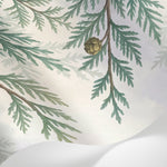 Papier peint panoramique pin - Branches conifères pommes superposées tons vert sauge et beige crème sur mesure - Matière