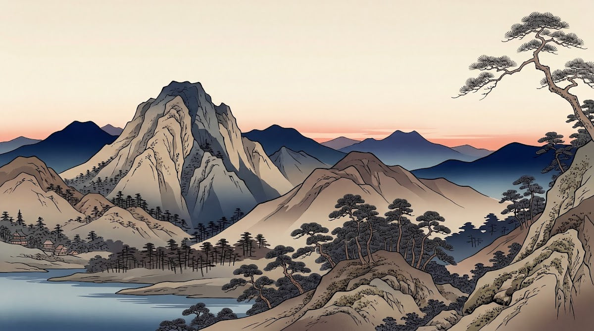 Papier peint panoramique pin - Montagne japonaise lac sapins branche tordue tons beige crème et gris sur mesure - Design