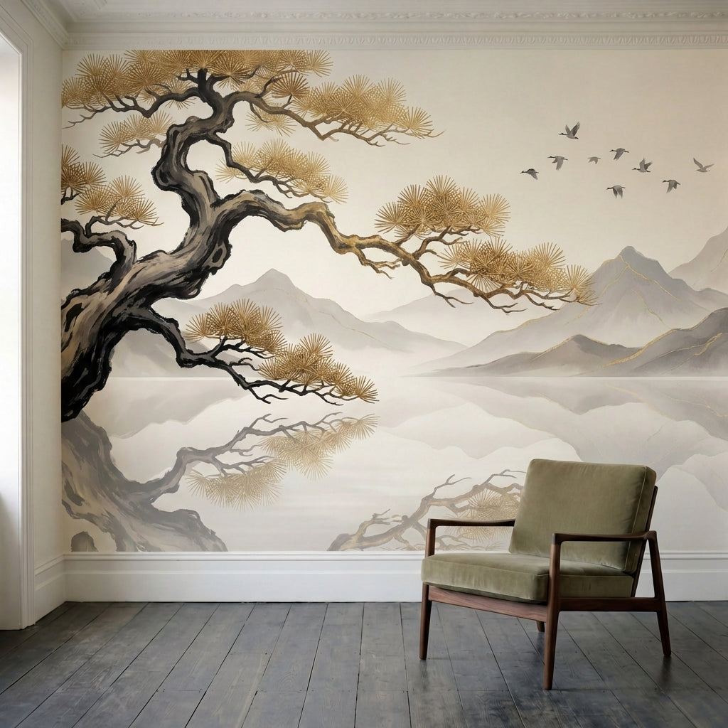 papier peint panoramique pin pin japonais tortueux oiseaux migrateurs montagnes -1