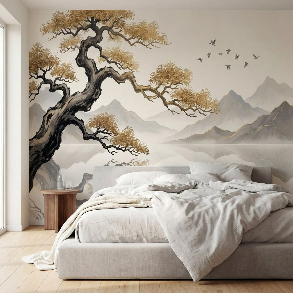 papier peint panoramique pin pin japonais tortueux oiseaux migrateurs montagnes -HERO-10