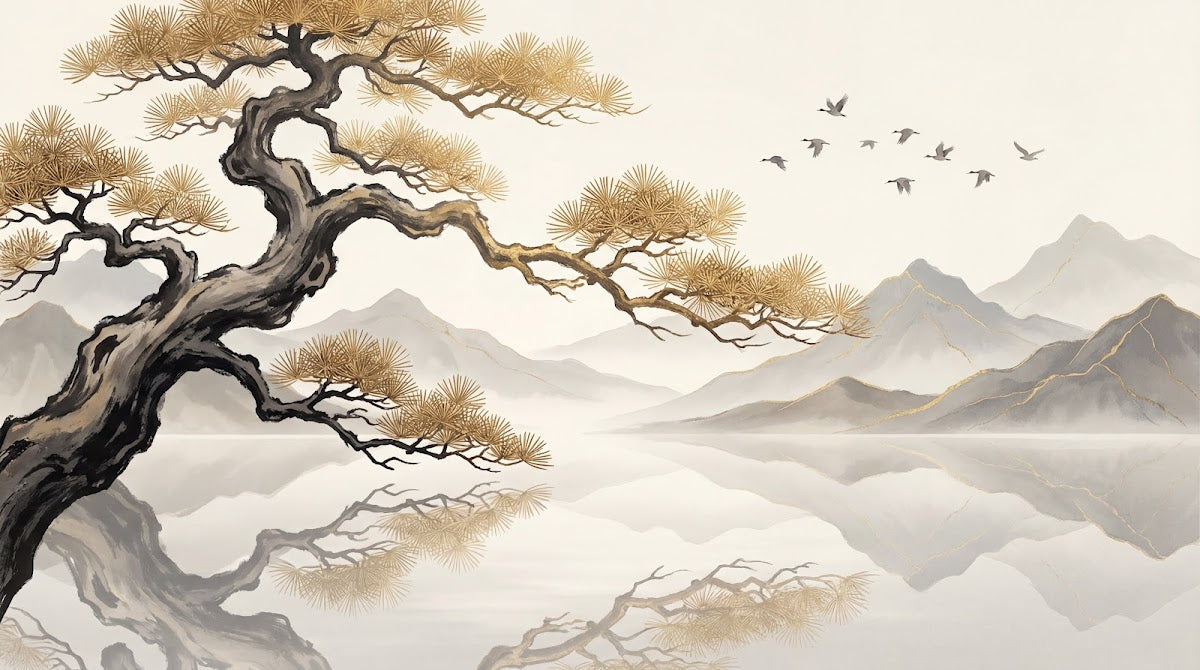 Papier peint panoramique pin - Pin japonais tortueux oiseaux migrateurs montagnes brumeuses fond beige crème sur mesure - Design