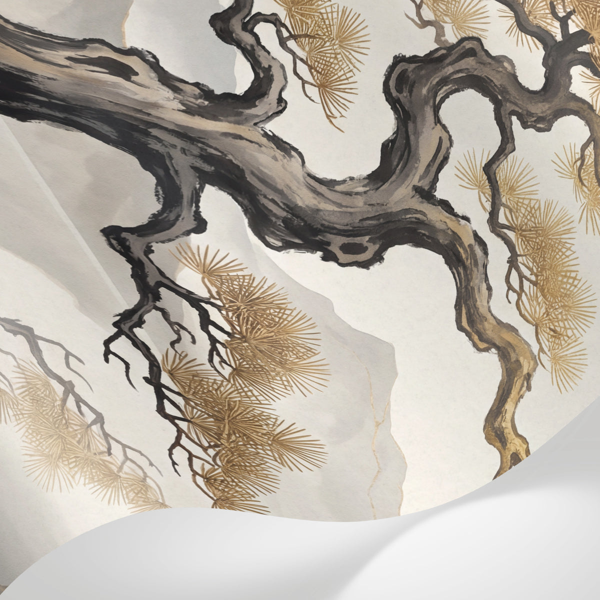 Papier peint panoramique pin - Pin japonais tortueux oiseaux migrateurs montagnes brumeuses fond beige crème sur mesure - Matière