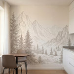 papier peint panoramique pin sapins montagne dessin gravure tons beige et blanc -1