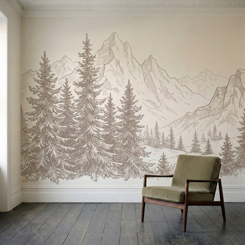 papier peint panoramique pin sapins montagne dessin gravure tons beige et blanc -3