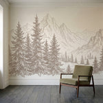 papier peint panoramique pin sapins montagne dessin gravure tons beige et blanc -3