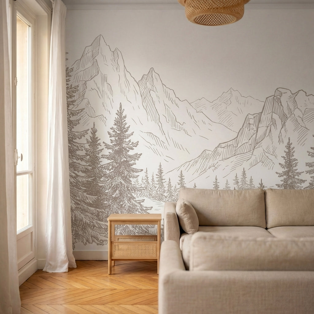 papier peint panoramique pin sapins montagne dessin gravure tons beige et blanc -6