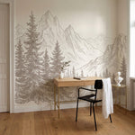 papier peint panoramique pin sapins montagne dessin gravure tons beige et blanc -7