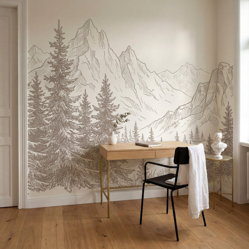 papier peint panoramique pin sapins montagne dessin gravure tons beige et blanc -7