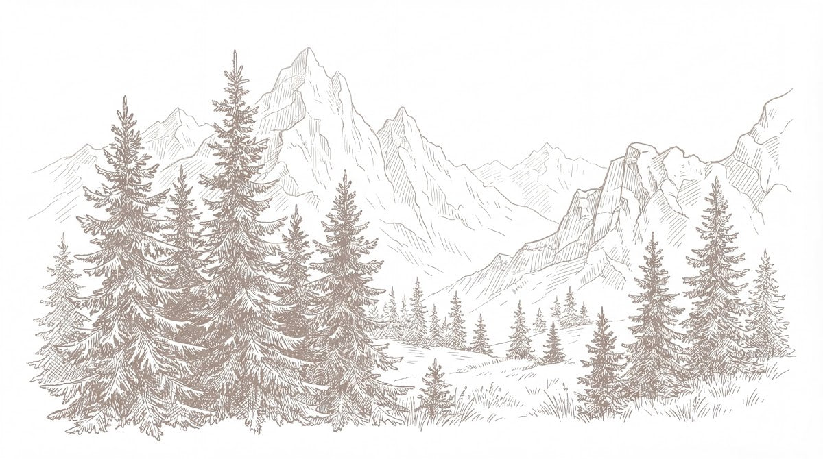 Papier peint panoramique pin - Sapins montagne dessin gravure tons beige et blanc crème sur mesure - Design