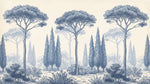 Papier peint panoramique pins parasol - Arbres méditerranéens cyprès gravure ancienne tons bleu gris et beige crème sur mesure - Design