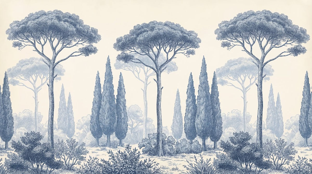 Papier peint panoramique pins parasol - Arbres méditerranéens cyprès gravure ancienne tons bleu gris et beige crème sur mesure - Design