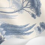 Papier peint panoramique pins parasol - Arbres méditerranéens cyprès gravure ancienne tons bleu gris et beige crème sur mesure - Matière