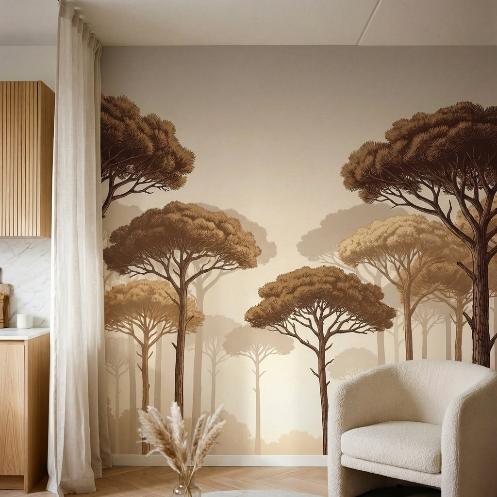 papier peint panoramique pins parasol arbres mediterraneens silhouettes elancees-1