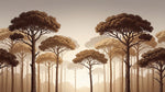 Papier peint panoramique pins parasol - Arbres méditerranéens silhouettes élancées coucher soleil tons beige doré sur mesure - Design